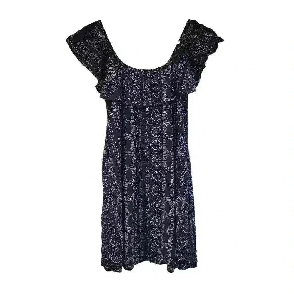 Aqua Women's Navy & White Rayon Geometric Print Off Shoulder Summer Mini Dress